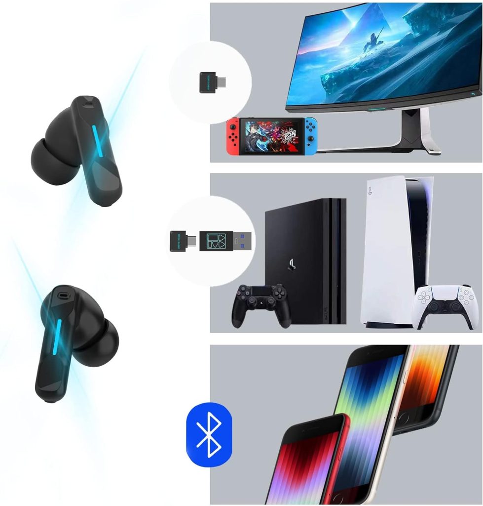 Middle Rabbit SW4 Wireless Gaming Earbuds for PC PS4 PS5 Switch Mobile - 2.4G Dongle  Bluetooth - 40ms Low Latency - Headphones with Built-in Microphone - 4 Mics- Headset