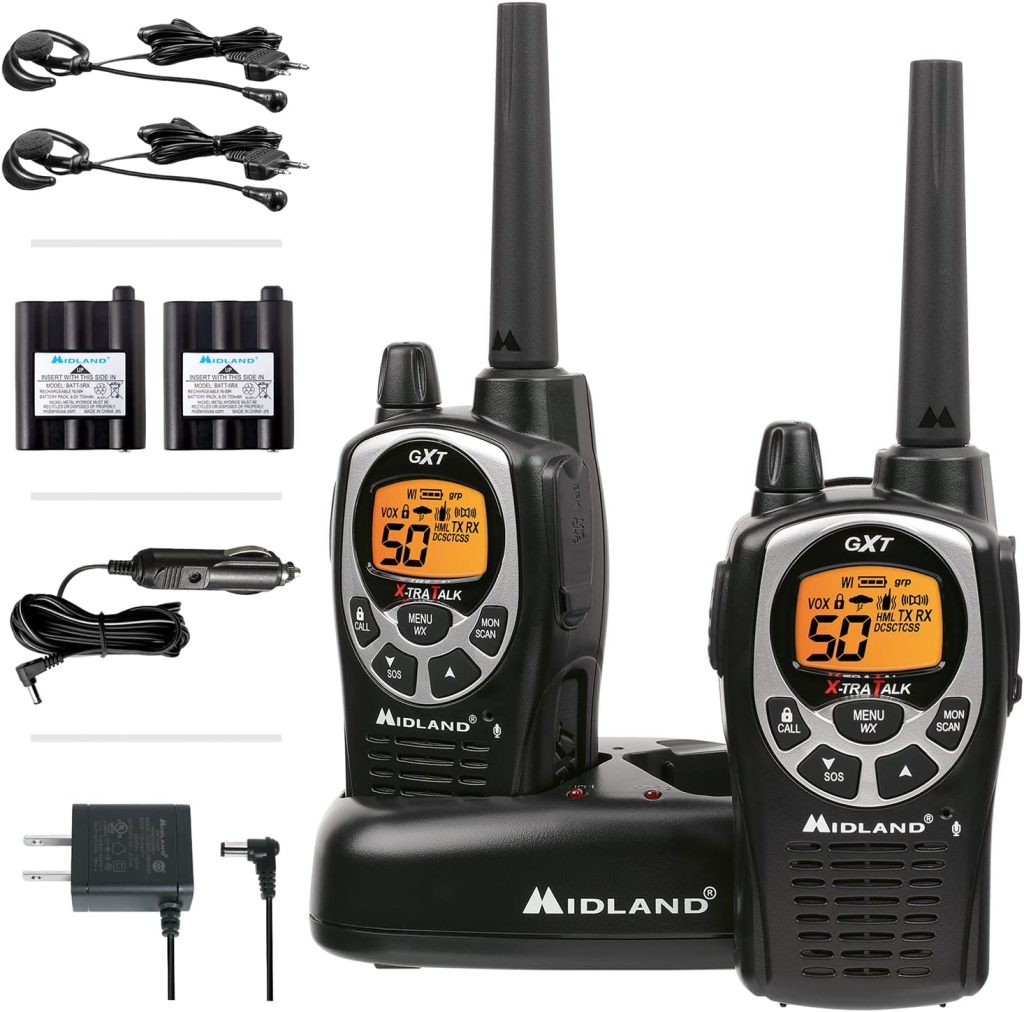 Midland 50 Channel GMRS Two-Way Radio - Long Range Walkie Talkie with 142 Privacy Codes, SOS Siren, and NOAA Weather Alerts and Weather Scan (Black/Silver, Pair Pack)