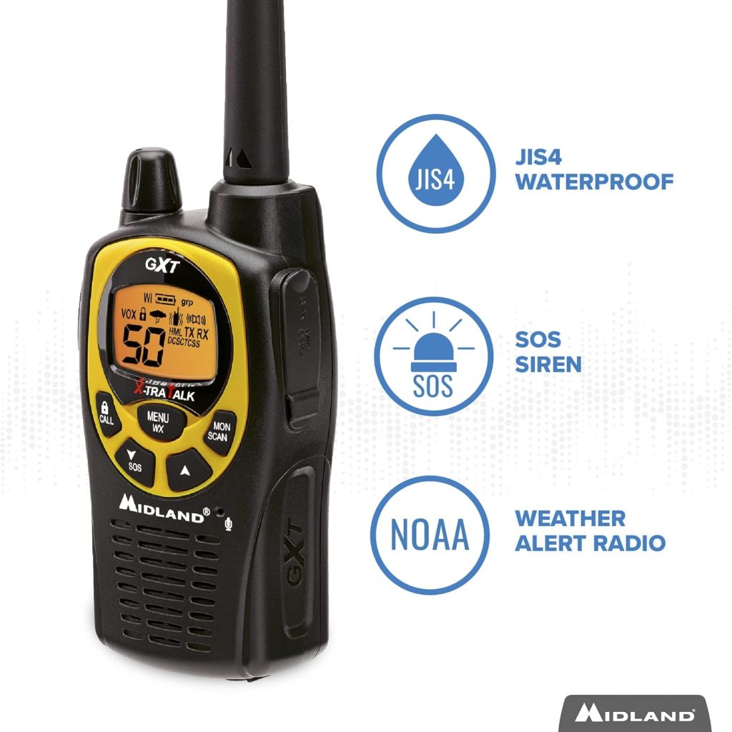 Midland 50 Channel GMRS Two-Way Radio - Long Range Walkie Talkie with 142 Privacy Codes, SOS Siren, and NOAA Weather Alerts and Weather Scan (Black/Yellow, Pair Pack)