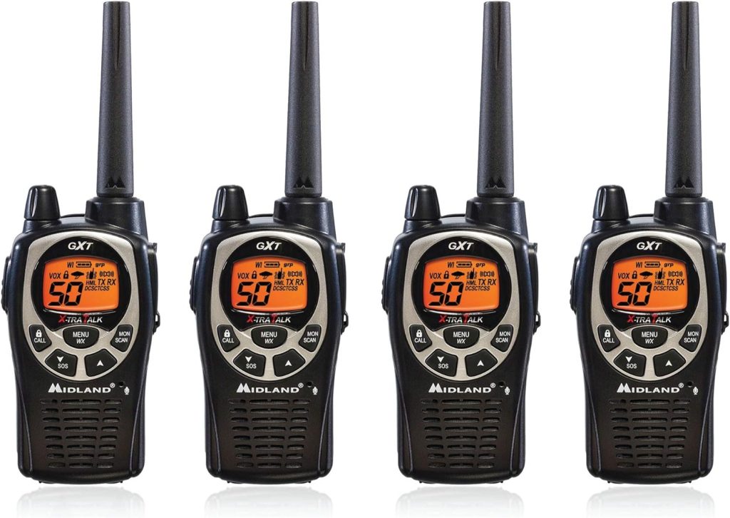 Midland GXT1000VP4 50 Channel GMRS Two-Way Radio - Up to 36 Mile Range Walkie Talkie - Black/Silver (Pack of 4)