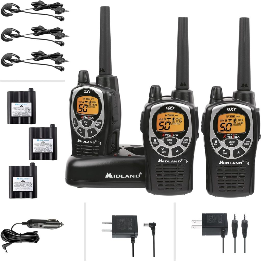 Midland - GXT1000X3VP4 - Walkie Talkie Long Range Two-Way Radio - 50 Channel GMRS Radio - 142 Privacy Codes, SOS Siren, and NOAA Weather Alerts and Weather Scan - Black/Silver, 3-Pack