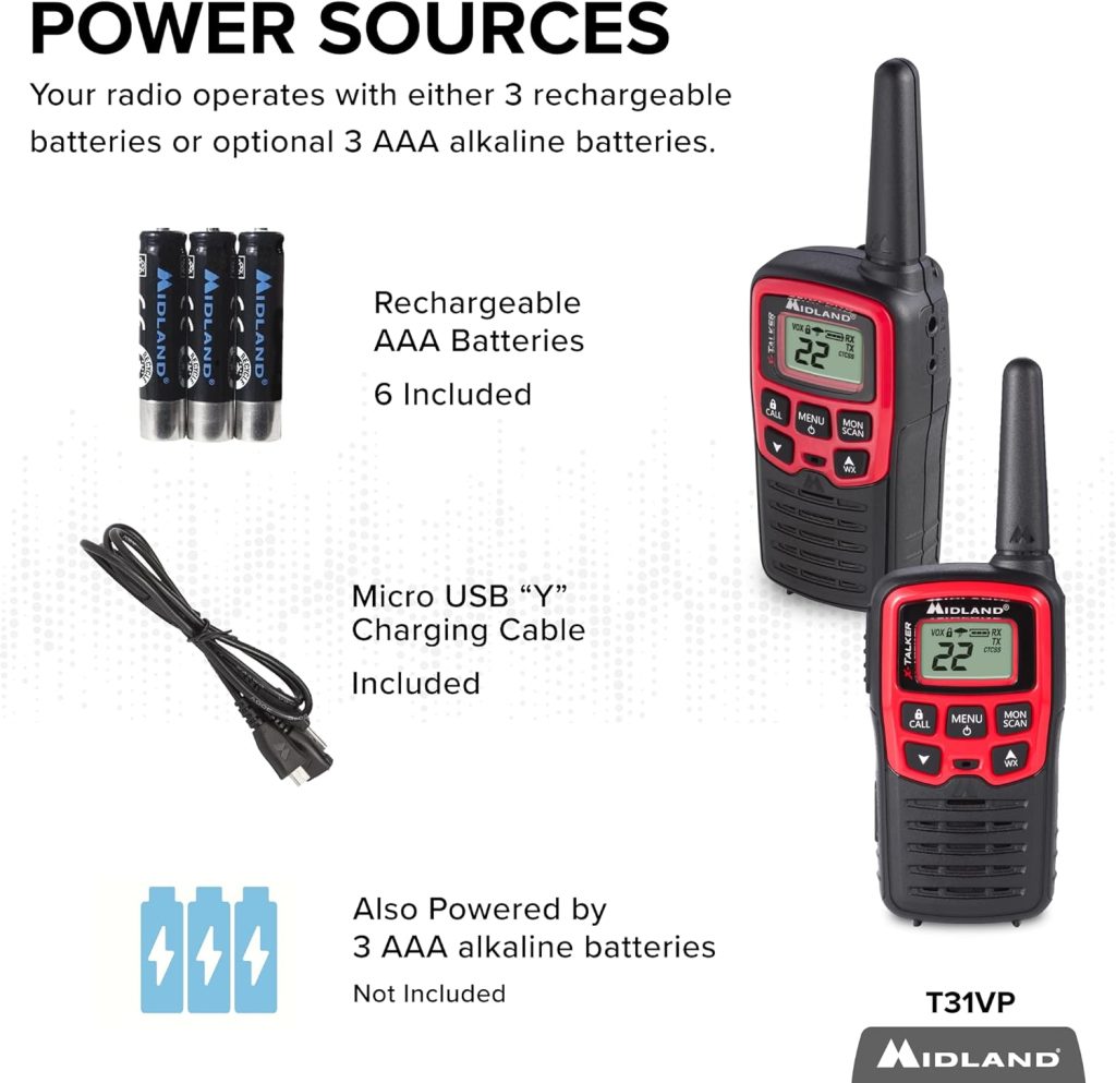 Midland® - T31VP - X Talker - 22 Channel FRS Walkie Talkies - Extended Range Two-Way Radios, 38 Privacy Codes,  NOAA Weather Alert - Set of 2 - Black/Red