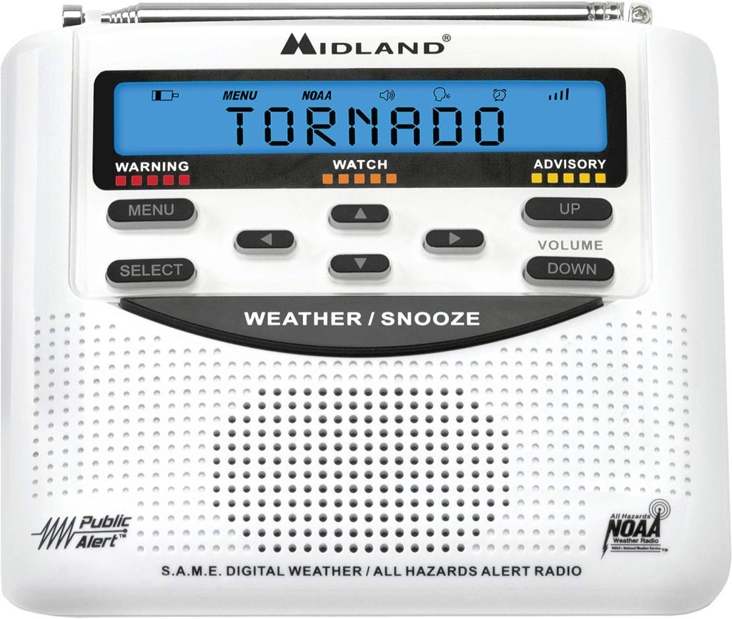 Midland - WR120, NOAA Emergency Weather Alert Radio - S.A.M.E. Localized Programming, Trilingual Display, 60+ Emergency Alerts,  Alarm Clock (WR120C - Clam Packaging) : Electronics