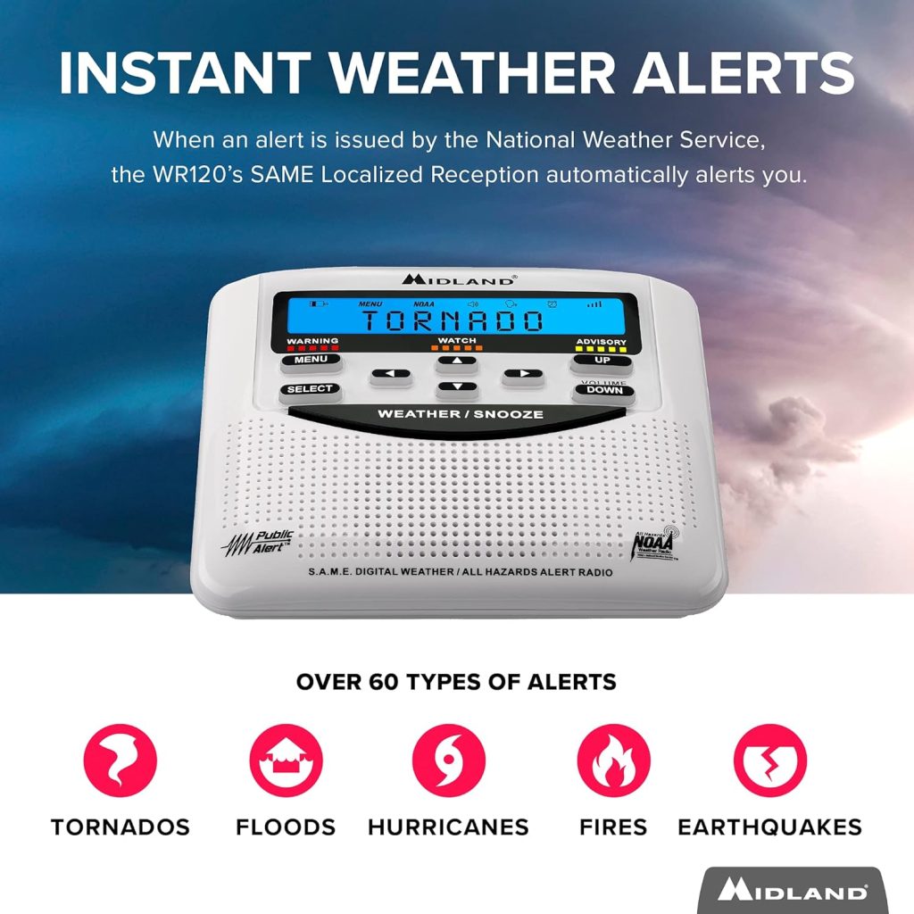 Midland - WR120B - NOAA Emergency Weather Alert Radio - S.A.M.E. Localized Programming, Trilingual Display, 60+ Emergency Alerts,  Alarm Clock (WR120B - Box Packaging) : Electronics
