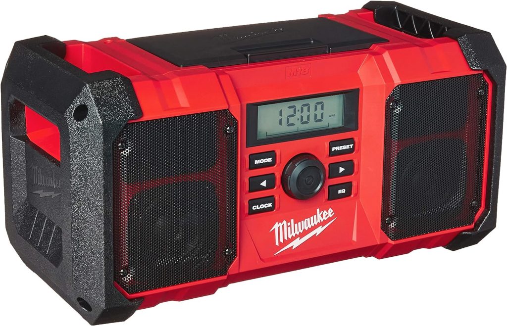 Milwaukee 2890-20 18V Dual Chemistry M18 Jobsite Radio with Shock Absorbing End Caps, USB 2.1A Smartphone Charging, and 3.5mm Aux Jack : Electronics
