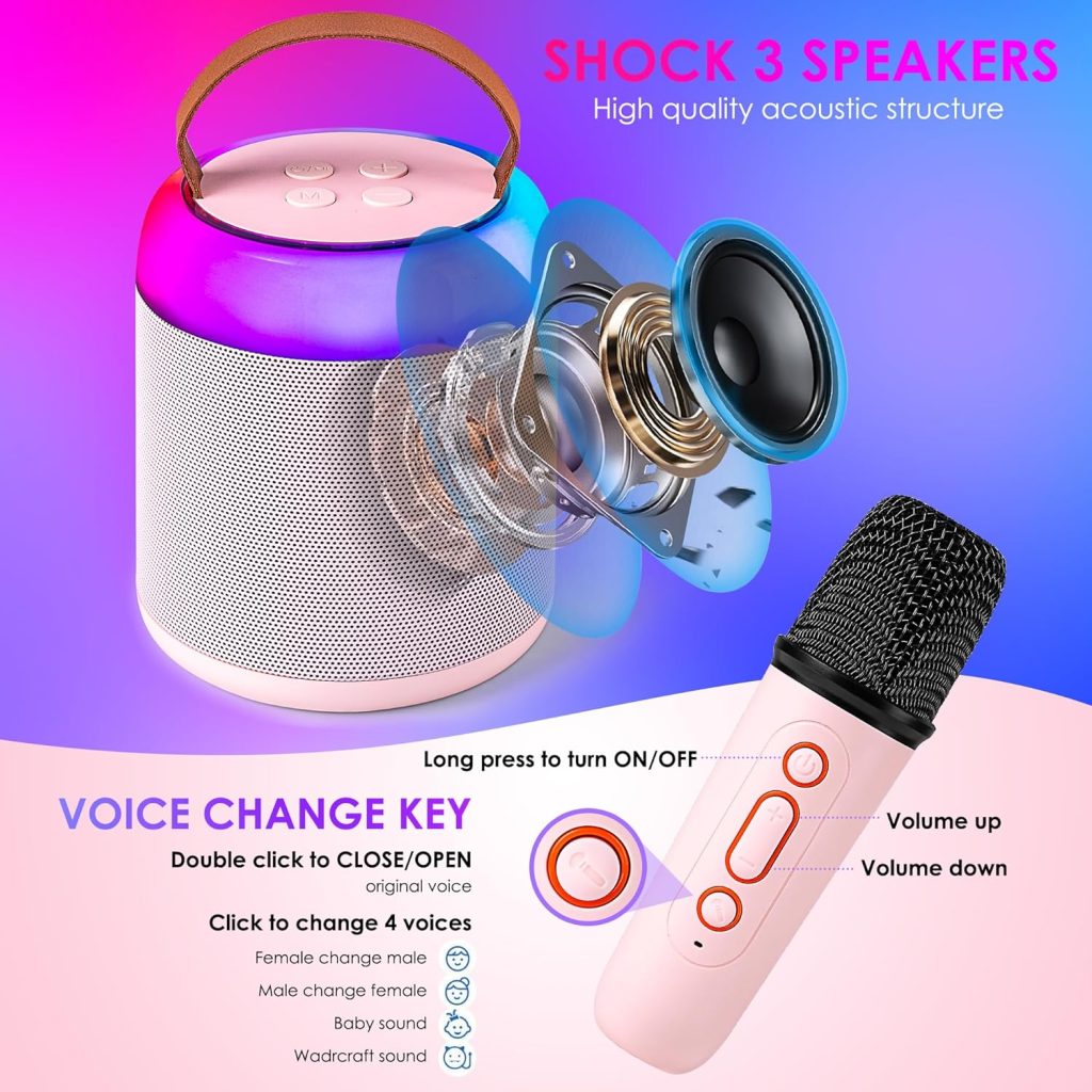 Mini Karaoke Machine with 2 Wireless Microphones for Kids Adults, Portable Bluetooth Speaker Toy for Girls and Boys 2 4 5 6 7 8 9 10 12 Year Old Girl Birthday Gift Home Party Ideas (White)