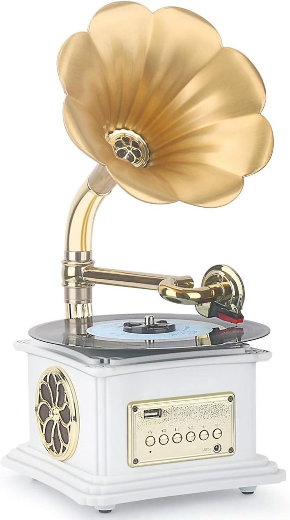 Mini Record Player with Aluminum Base, Copper Horn Phonograph Bluetooth Speaker, Aux-in,Aux-Output, USB Input, Vintage Gramophone Turntable for Home Decoration (with Record Player) …