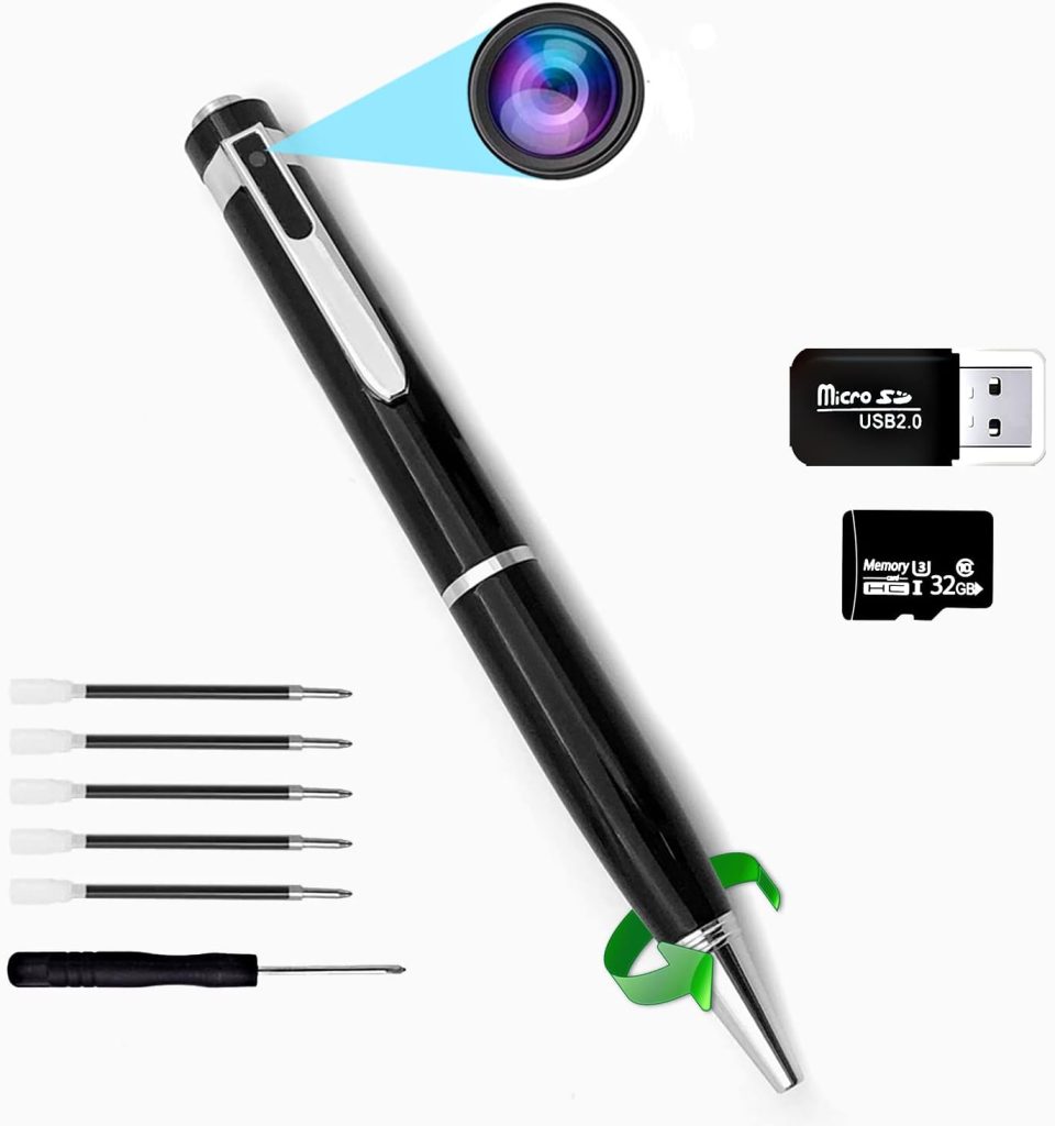 Mini Spy Camera Hidden Camera Pen, FHD 1080P Spy Camera Pen, Nanny Cam, Hidden Camera with Video Recording, Spy Cam, Long Battery Life, Snapshot, 5 Ink Refills, Easy to Use, 32G High-speed TF Card