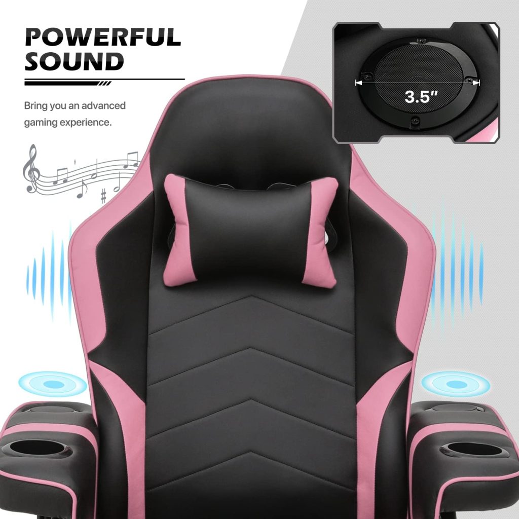 MoNiBloom Massage Gaming Recliner Chair with 2 Speakers Ergonomic Game Chair Neck Support and Widened Armrests with Built-in Cup Holders, Tilt  Swivel Comfortable Gaming Chair with Storage Bag, Pink