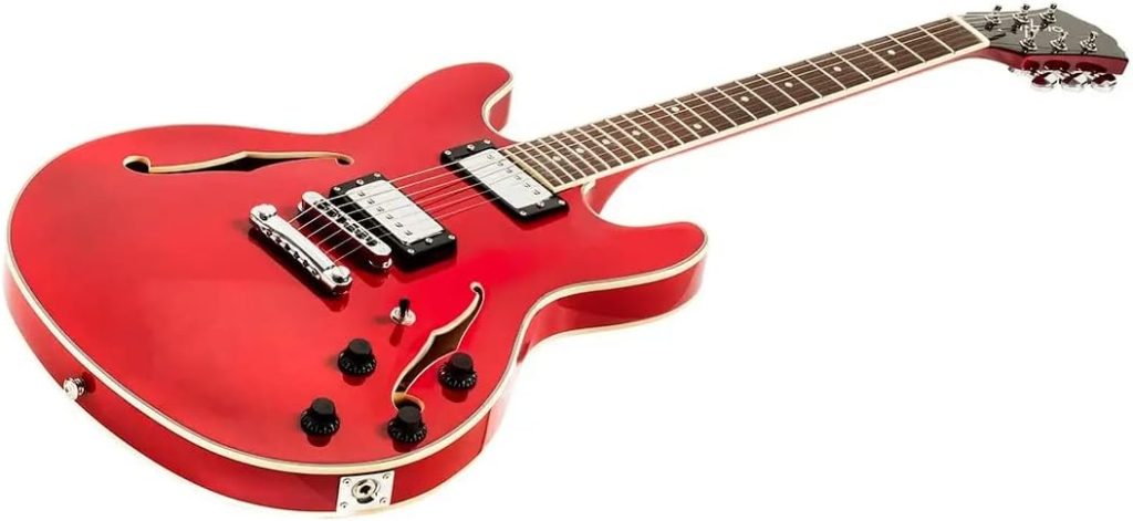 Monoprice Boardwalk Hollow Body Electric Guitar - Trans Red, 6 Strings, Right Handed, HH Pickups, Classic Styling, with Gig Bag, for Playing Jazz, Blues, or Rock - Indio Series