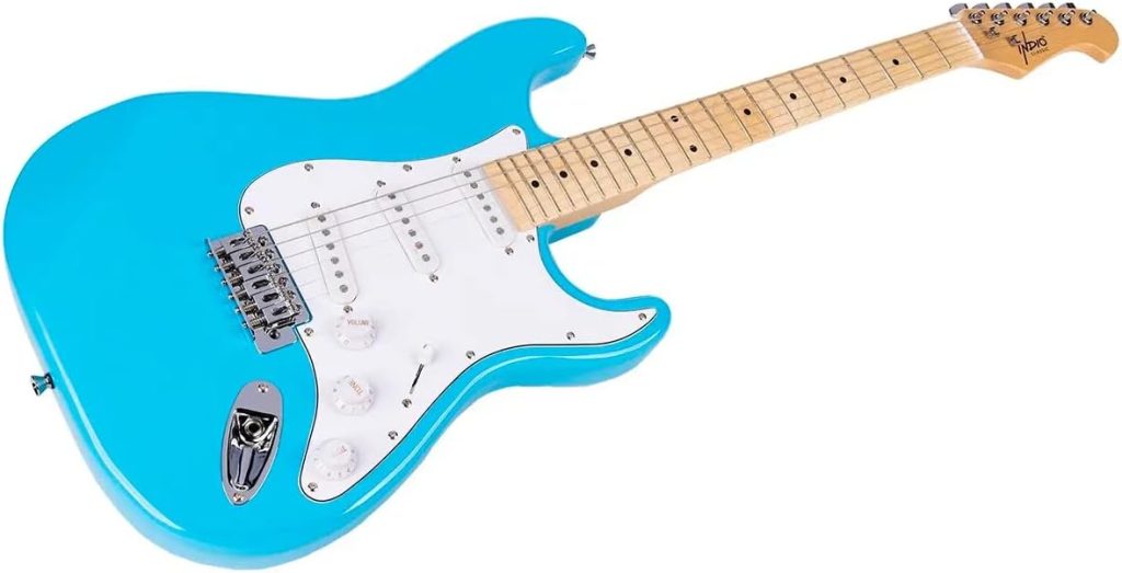 Monoprice Cali Classic Electric Guitar - Blue, 6 Strings, Double-Cutaway Solid Body, Right Handed, SSS Pickups, Full-Range Tone, With Gig Bag, Perfect for Beginners - Indio Series