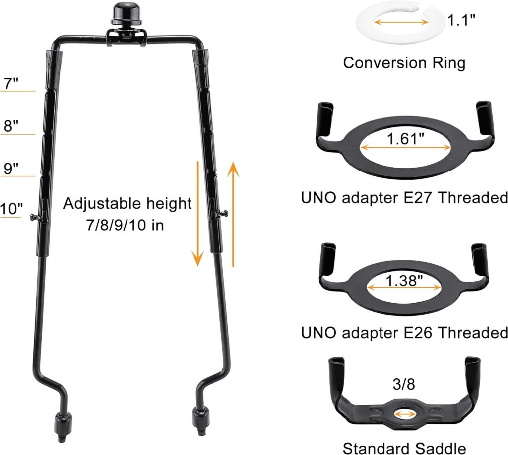 Mornajina 7 8 9 10 inch Lamp Shade Harp Holder, Adjustable Lamp Harps and Finals, Fit both Standard Lamp Rod and E26 E27 Light Base UNO Fitter Adapter Converter Finial Set (Gold)