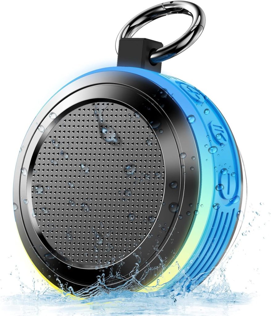 Motast Bluetooth Shower Speaker, IP-X7 Waterproof Portable Speaker with LED Light, Suction Cup, Hook, Stereo Sound, True Wireless Stereo Mini Speaker with Built-in HD Mic, FM Radio, for Bathroom, Pool