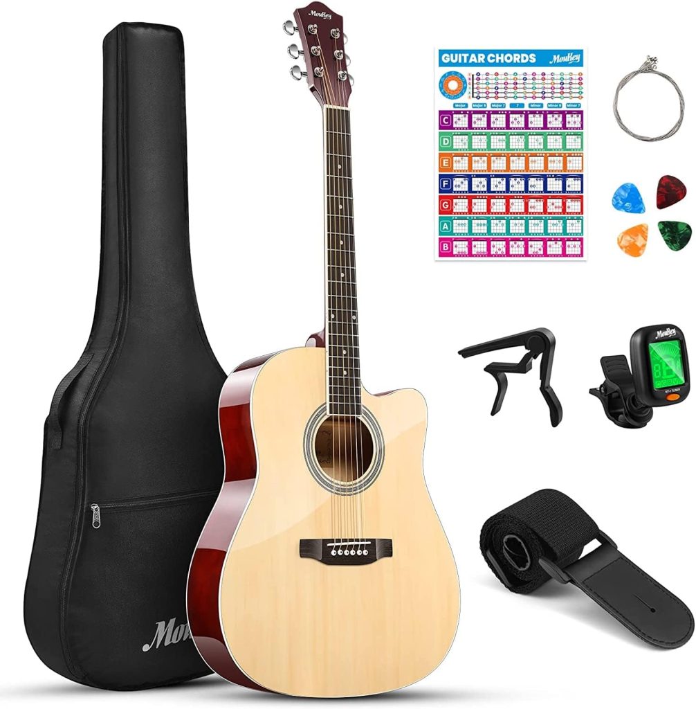 Moukey 41 Acoustic Guitar for Beginner Adult Teen Full Size Guitarra Acustica with Chord Poster, Gig Bag, Tuner, Picks, Strings, Capo, Strap Right Hand - Natural