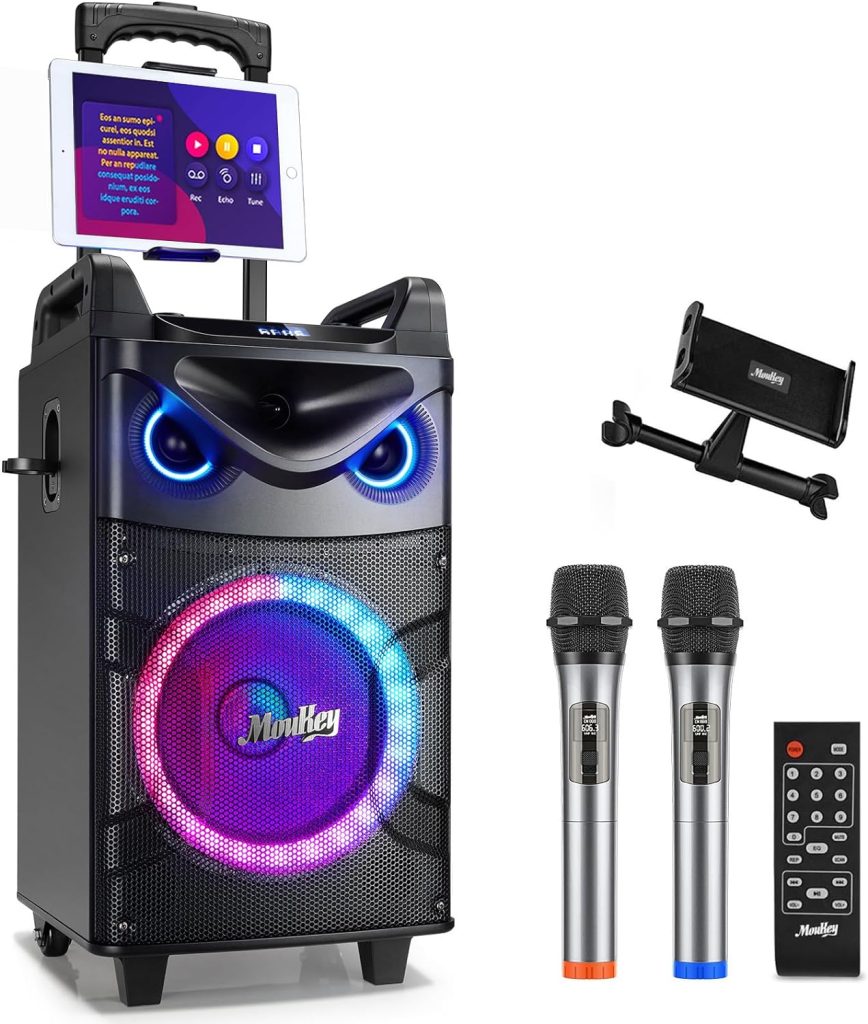 Moukey Karaoke Machine, 10 Woofer Portable PA System, Bluetooth Speaker with 2 Wireless Microphones, Lyrics Display Tablet Holder, Party Lights  Echo/Treble/Bass Adjustment Support REC/AUX/USB/TF