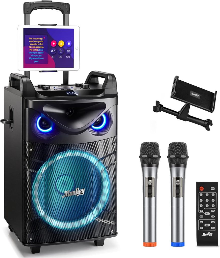 Moukey Karaoke Machine, 12 Woofer PA System, Portable Bluetooth Speaker with 2 Wireless Microphones, Party Lights and Echo/Treble/Bass Adjustment, Supports TWS/REC/AUX IN/MP3/USB/TF/FM - MTs12-1
