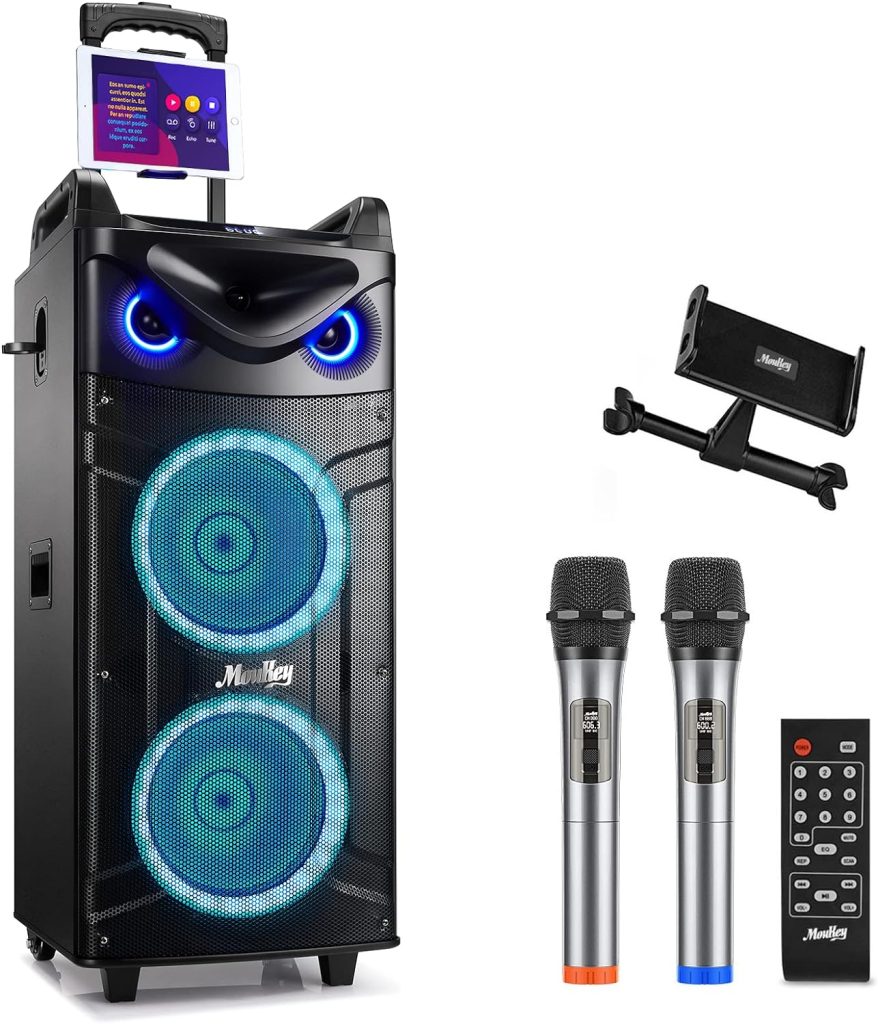 Moukey Karaoke Machine, Double 10 Woofer PA System for Party, Portable Bluetooth Speaker with 2 Wireless Microphones, Disco Lights and Echo/Treble/Bass Adjustment, Support TWS/REC/AUX/MP3/USB/TF/FM