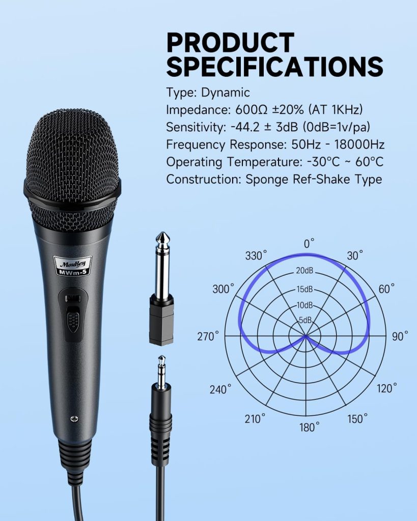 Moukey Karaoke Microphone, Dynamic Microphone with 13 ft Cable, Metal Handheld Cardioid Wired Mic, XLR Microphone for Singing/Stage/Party, Compatible w/Karaoke Machine/PA System/Amp/Mixer, Grey