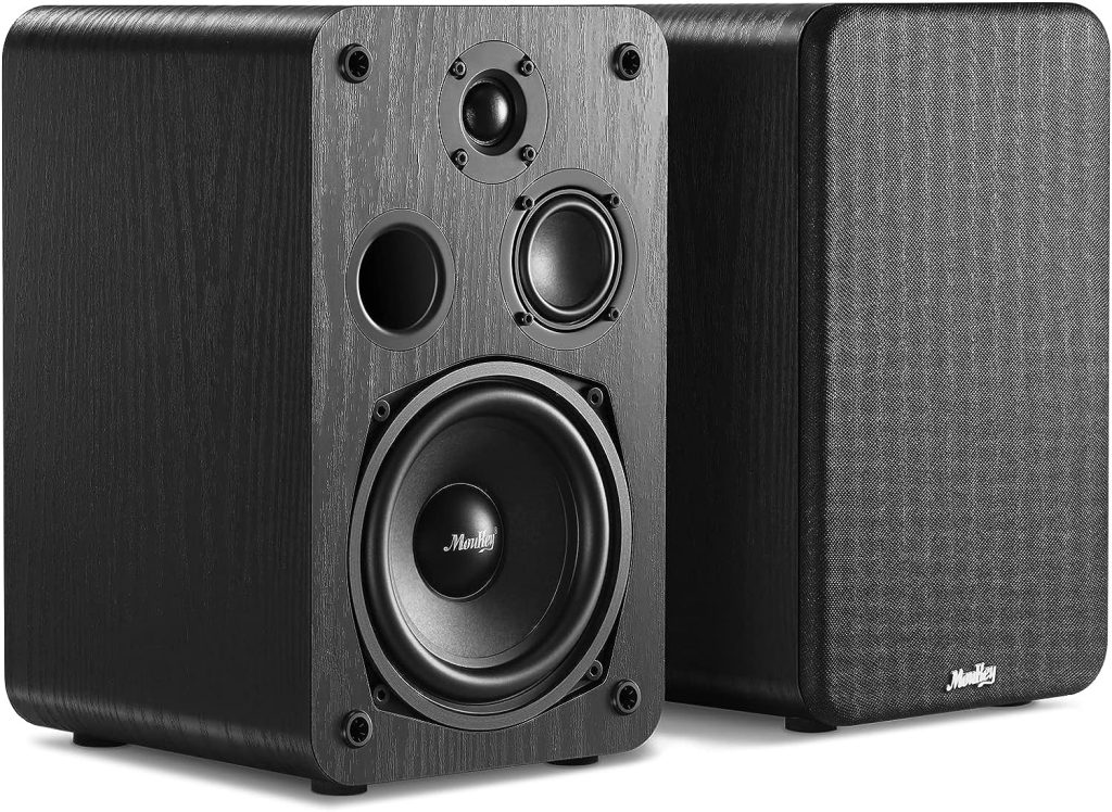 Moukey Passive Bookshelf Speakers (Pair), Peak Power 2×55W, 3-Way Home Theater Speakers, 2.0 Stereo Near Field Studio Premium Sound, Wooden Wall-Mountable, Black, M20-3