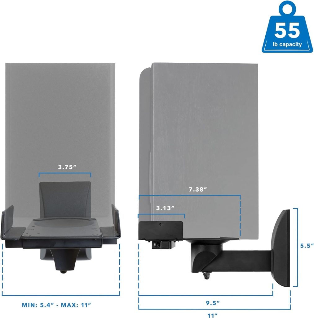 Mount-It! Speaker Wall Mounts, Pair of Universal Side Clamping Bookshelf Speaker Mounting Brackets, Large or Small Speakers, 2 Mounts, 55 Lbs Capacity, Black (MI-SB37)