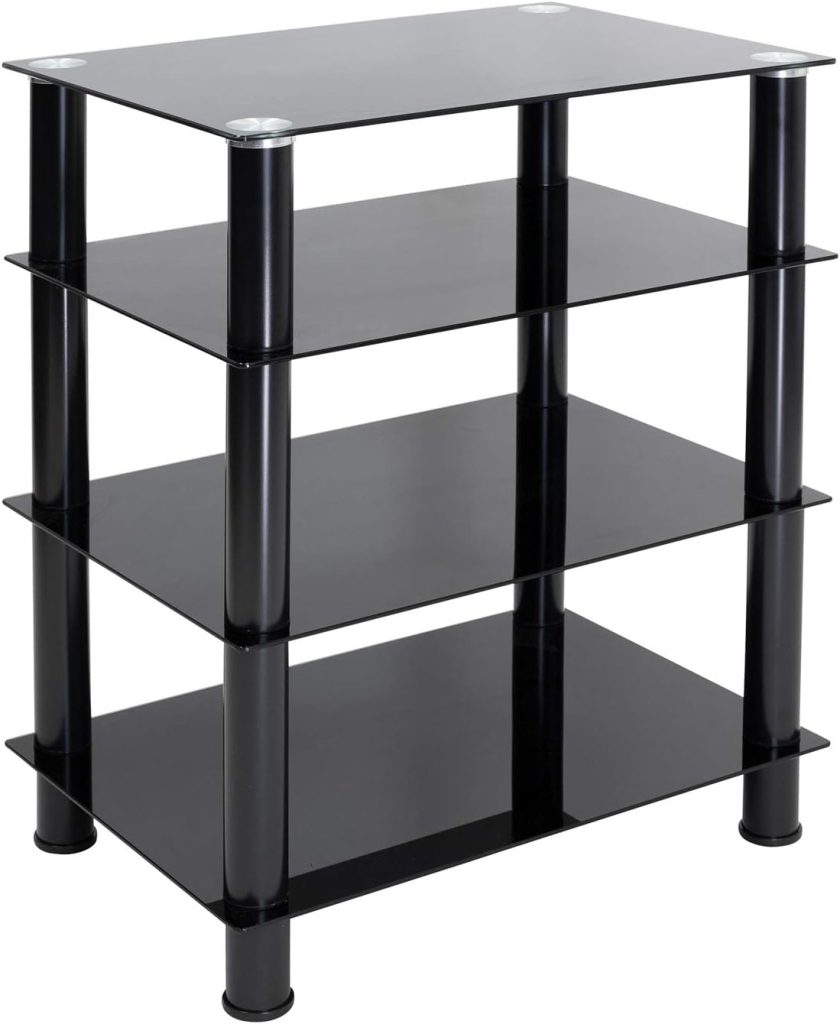 Mount-It! Tempered Glass AV Component Media Stand, Audio Tower and Media Center with 4 Shelves, 88 Lbs Capacity, Black Silk (MI-8670)