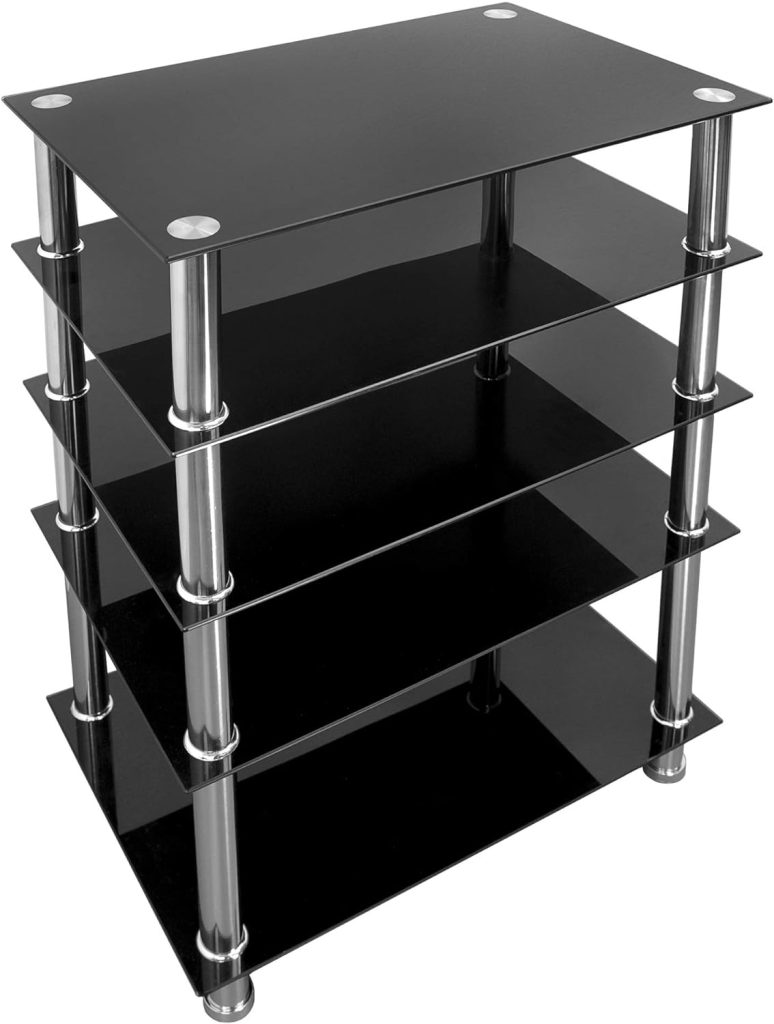 Mount-It! Tempered Glass AV Component Media Stand, Audio Tower and Media Center with 5 Shelves, 220 Lbs Total Capacity, Black Shelves Chrome Legs (MI-8671)
