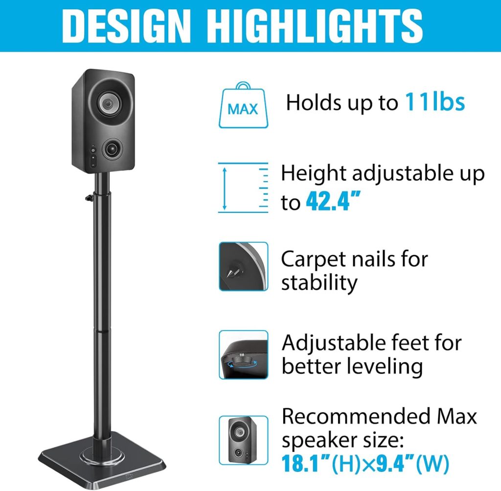 Mounting Dream Speaker Stands - Height Adjustable Speaker Stand for Vizio, Polk, JBL, Sony, Speaker Stands Pair with Wire Management (Holds up to11LBS Per Stand)