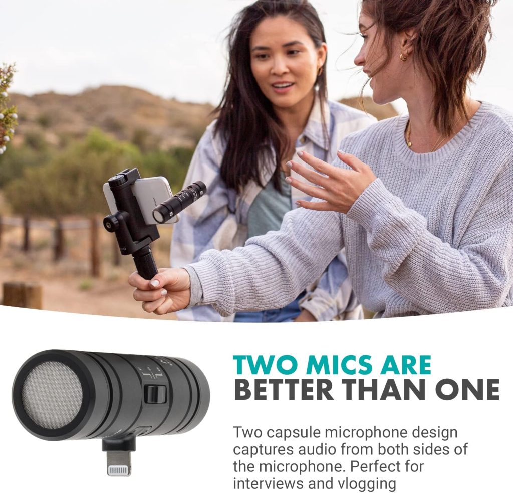 Movo DoubleMic-DI Dual Capsule Microphone for iPhone- Two-Sided Cardioid Condenser iPhone Microphone for Video Recording- Professional Microphone for iPhone, iPad, iOS- Apple Lightning MFi Certified