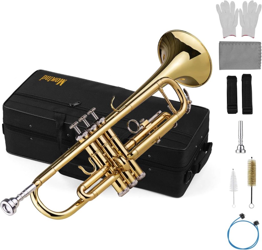 Mowind Trumpet B flat Standard Student Bb Key Brass Gold Lacquer Trumpet with Hard Case 7C Mouthpiece Cleaning Kit Set