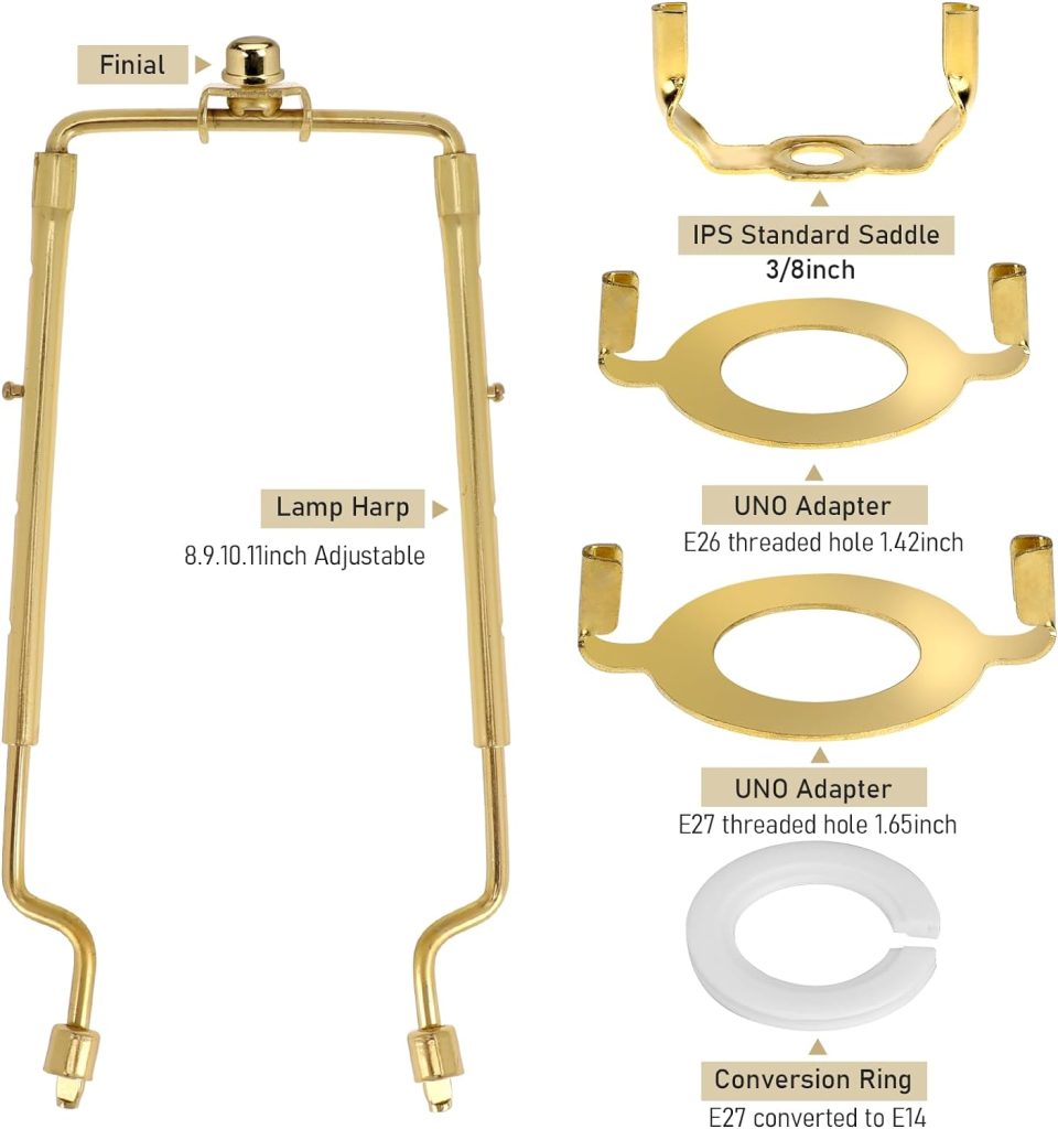 Mozeat Lens 7 8 9 10 Inch Lamp Shade Harp Holder, Adjustable Lamp Harp Fit Both Standard Lamp Rod and E14 E26 E27 Light Base UNO Fitter Adapter Converter Finial Set Lamp Bracket Accessories, Gold