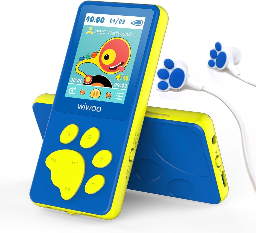 MP3 Player for Kids, Wiwoo 1.8 Portable Music Player with FM Radio Video Games Voice Recorder and Headphone, 8GB Children Cartoon Bear Paw Media Player Expandable Up to 128GB (Blue)