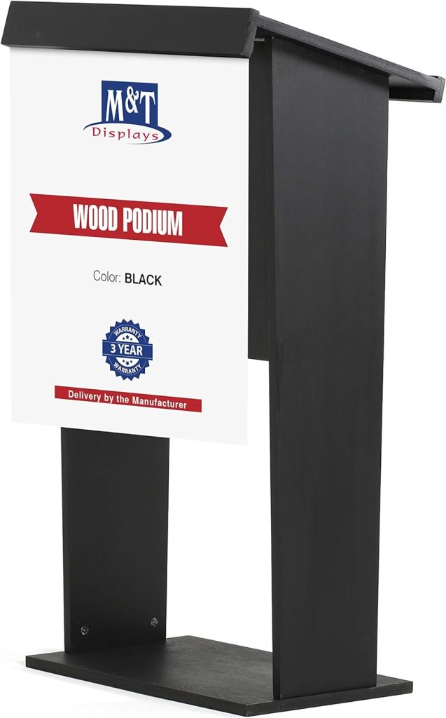 MT Displays Black Plywood Stand up Floor-Standing Podium Lectern for Speaker with Poster Fast Storage Shelf Wood Conference Table and Microphone Slot 45 inch Height Beechwood