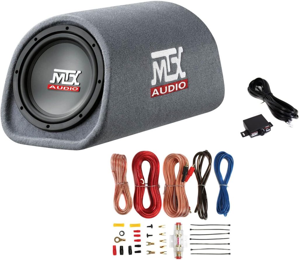 MTX AUDIO RT8PT 8 240W Enclosure Amplified Vented Tube Box Car Loaded Subwoofer  Soundstorm AKS8 8 Gauge Car Amplifier Amp Complete Wiring Kit