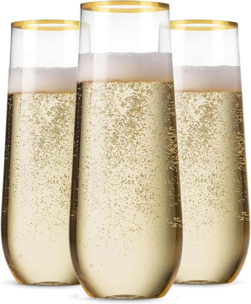 Munfix 48 Pack Stemless Plastic Champagne Flutes Disposable 9 Oz Gold Rim Clear Plastic Toasting Glasses Shatterproof Recyclable and BPA-Free