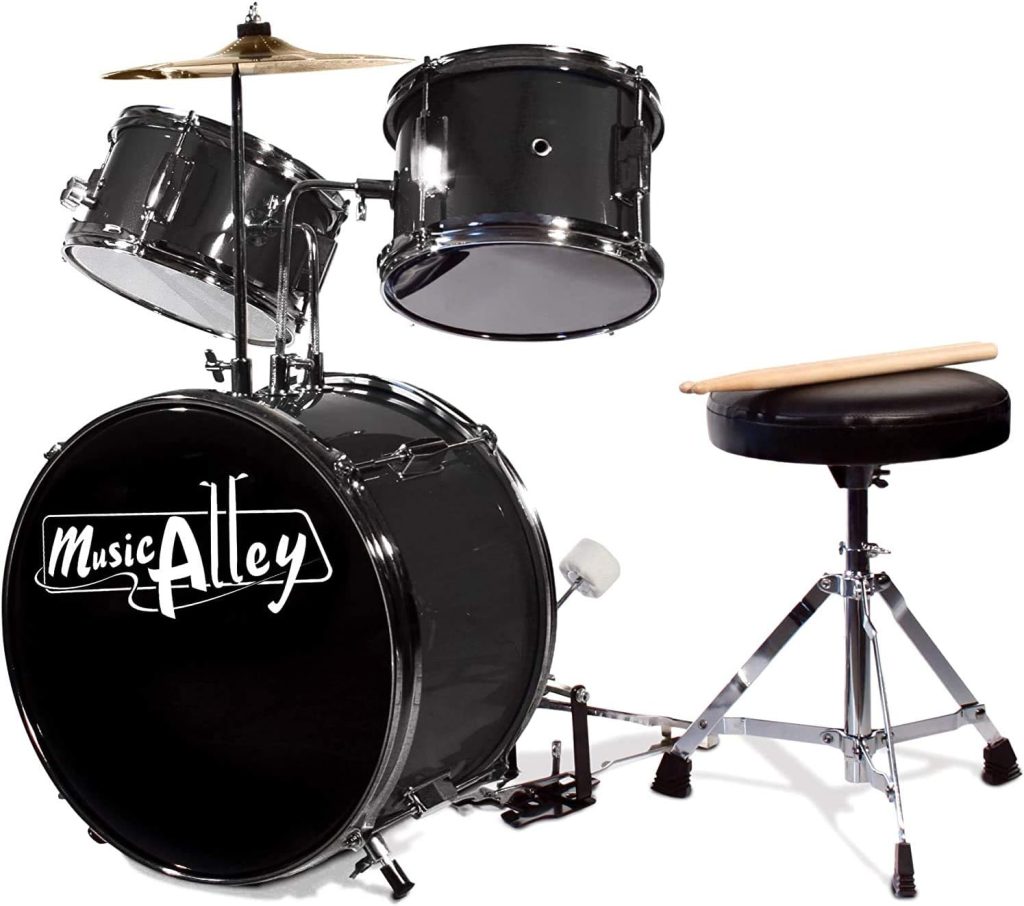 Music Alley 3 Piece Kids Drum Set with Throne, Cymbal, Pedal  Drumsticks, Metallic Black, (DBJK02-BK)