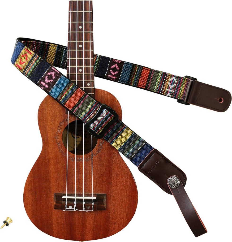 MUSIC FIRST Classic Country style Soft Yarn-dyed fabric  Genuine Leather Ukulele Strap Ukulele Shoulder Strap Version 2.0 With a Genuine Leather Strap Locker