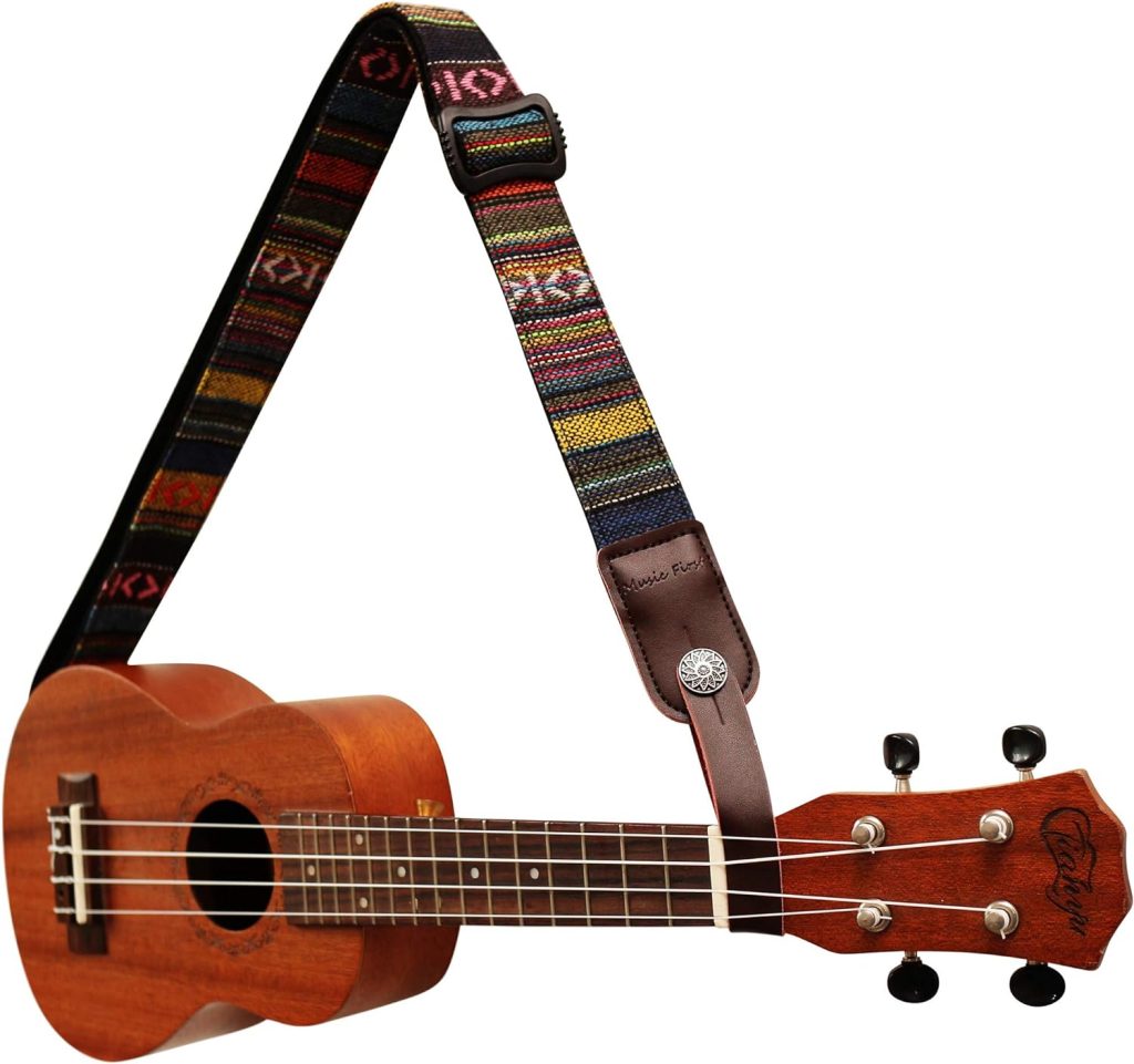 MUSIC FIRST Classic Country style Soft Yarn-dyed fabric  Genuine Leather Ukulele Strap Ukulele Shoulder Strap Version 2.0 With a Genuine Leather Strap Locker