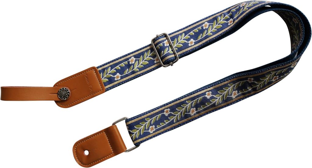 MUSIC FIRST Original Design Vintage Blue “Jasmine” Soft Meshbelt  Genuine Leather Ukulele Strap Ukulele Shoulder Strap With a Genuine Leather Strap Locker