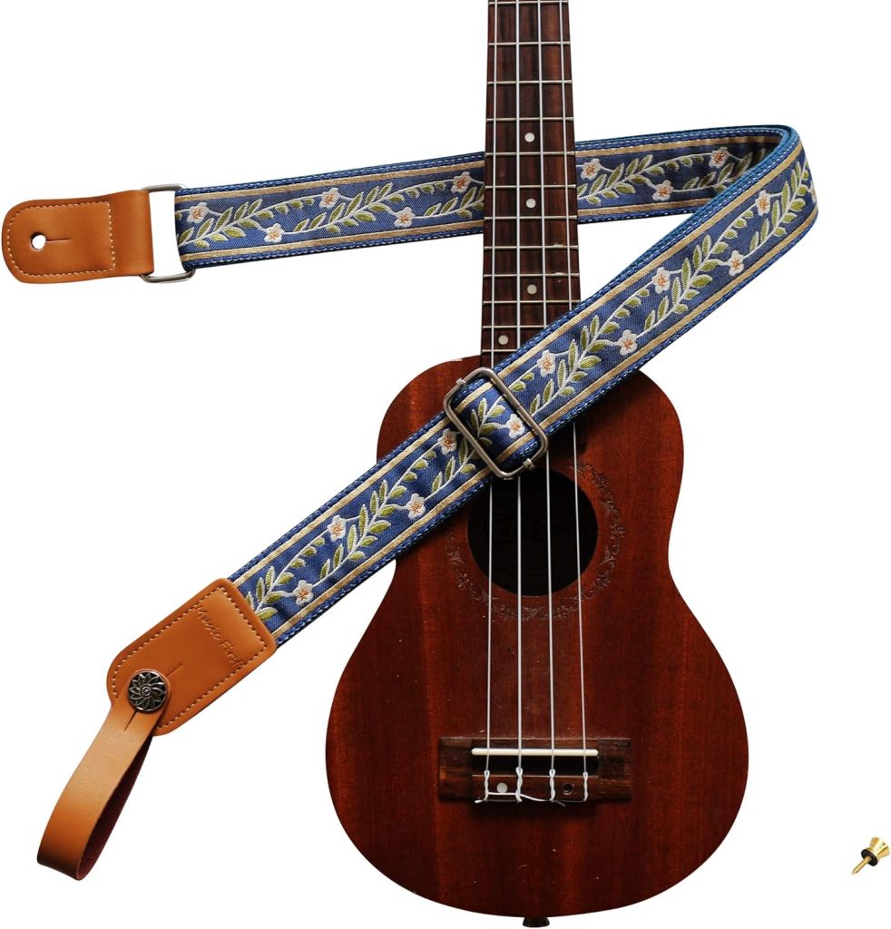 MUSIC FIRST Original Design Vintage Blue “Jasmine” Soft Meshbelt  Genuine Leather Ukulele Strap Ukulele Shoulder Strap With a Genuine Leather Strap Locker