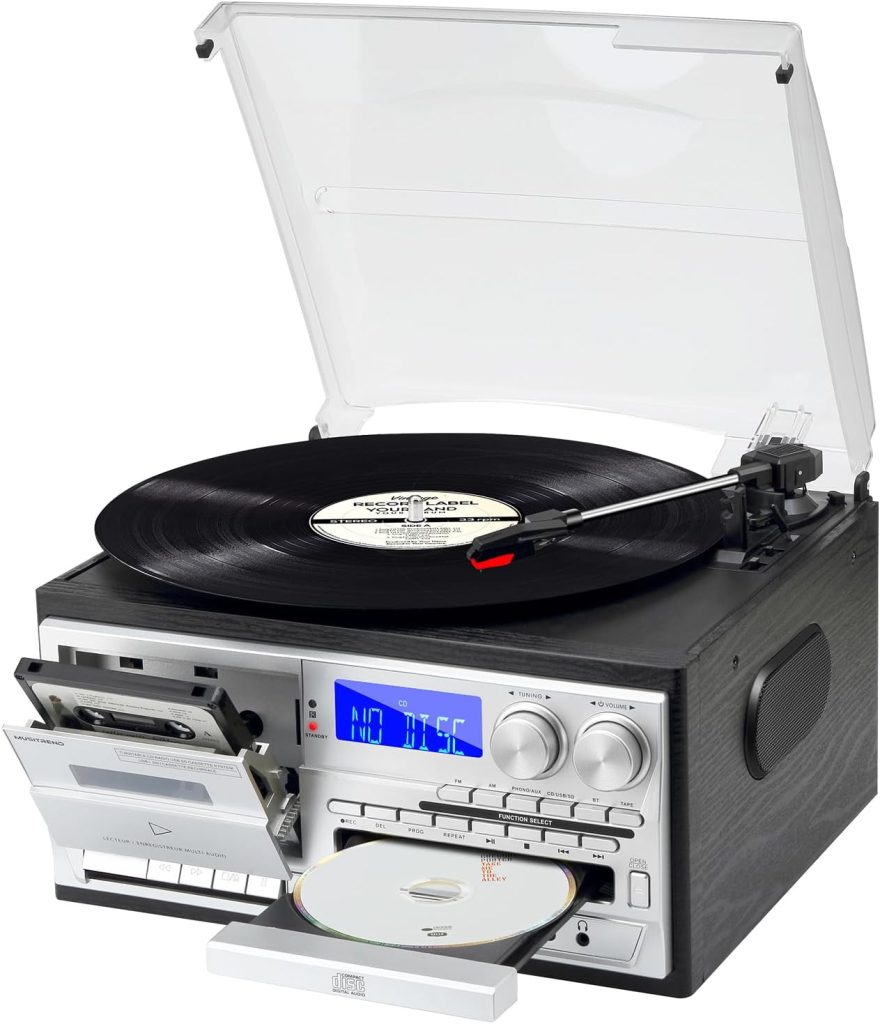MUSITREND 9 in 1 Record Player 3 Speed Vinyl Turntable with Bluetooth AM FM Raido Cassette CD USB SD Play Bulit-in Stereo Speakers Aux in RCA Line Out (Black)
