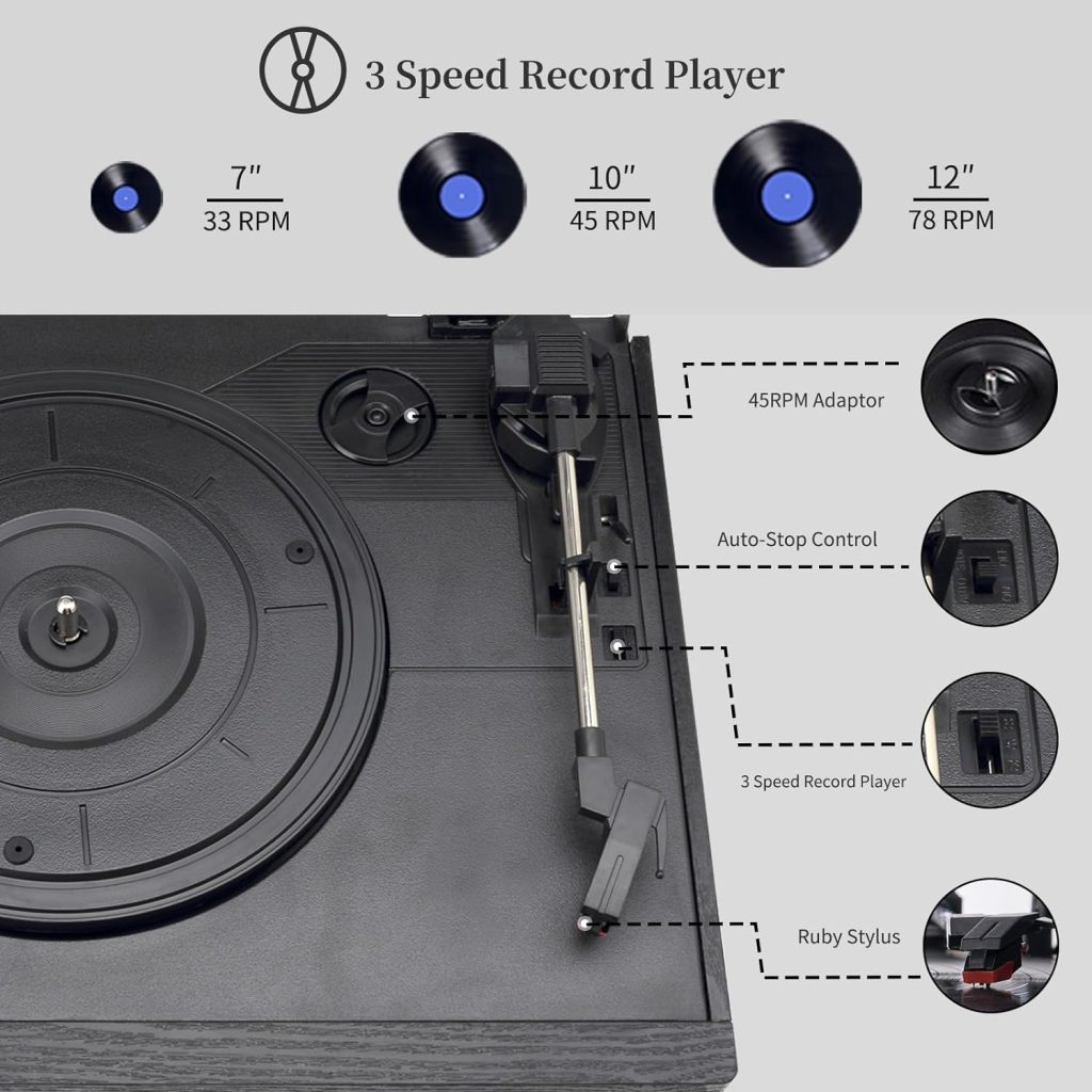 MUSITREND 9 in 1 Record Player 3 Speed Vinyl Turntable with Bluetooth AM FM Raido Cassette CD USB SD Play Bulit-in Stereo Speakers Aux in RCA Line Out (Black)
