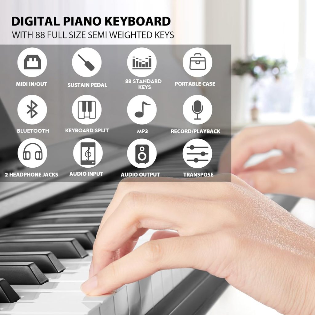 MUSTAR Digital Piano 88 Weighted Keys with Stand Touch Sensitivity, 88 Key Semi Weighted Keyboard Piano Portable Electric Piano for Beginners, 2x25W Stereo Speakers, Case, Sustain Pedal, ABS, Black