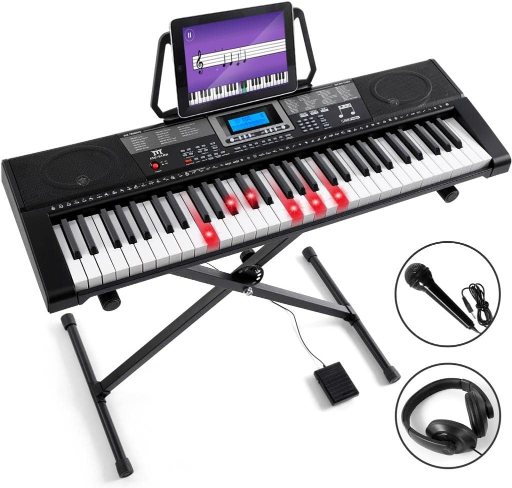 MUSTAR Piano Keyboard, 61 Key Learning Keyboard Piano with Lighted Up Keys, Electric Piano Keyboard for Beginners, Piano Stand, Sustain Pedal, Headphones/Microphone, USB Midi, Built-in Speakers