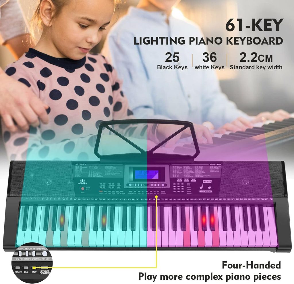 MUSTAR Piano Keyboard, 61 Key Learning Keyboard Piano with Lighted Up Keys, Electric Piano Keyboard for Beginners, Piano Stand, Sustain Pedal, Headphones/Microphone, USB Midi, Built-in Speakers