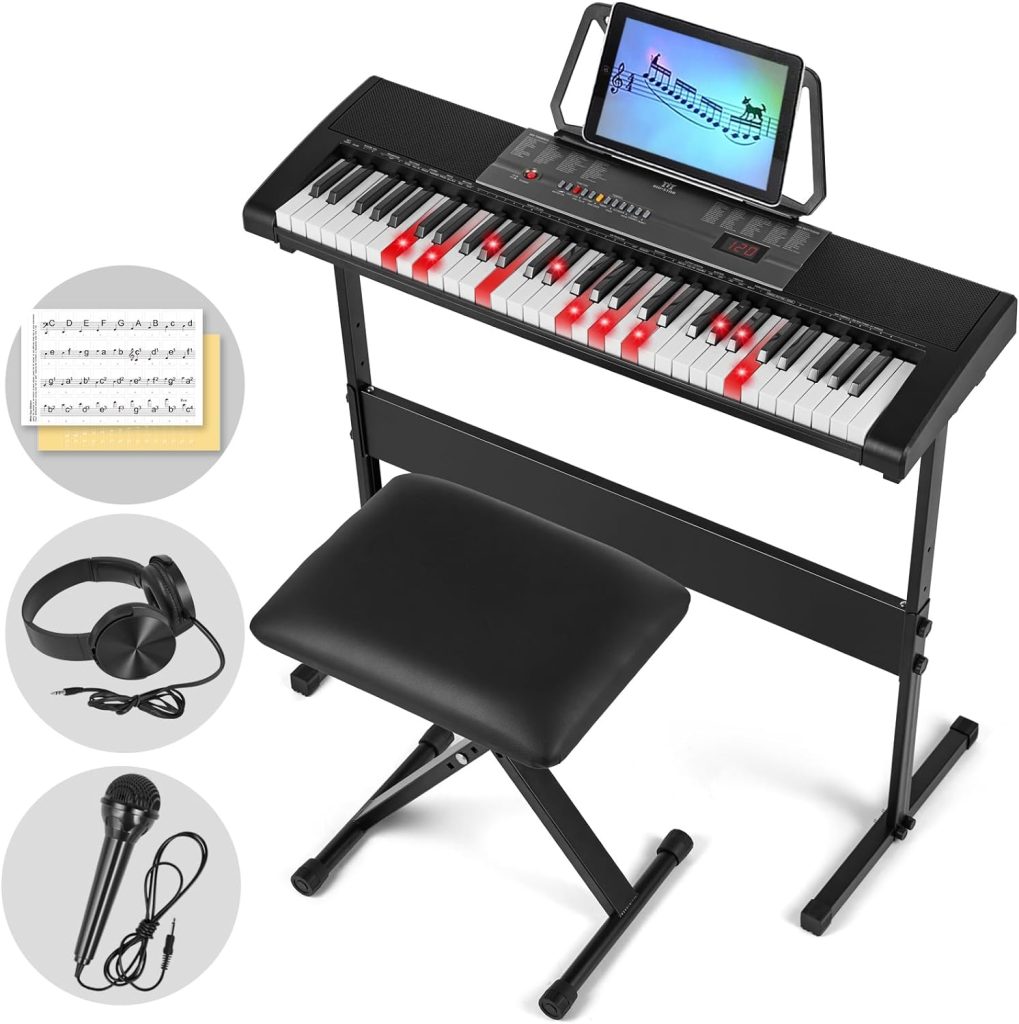 MUSTAR Piano Keyboard with Lighted Up Keys, Learning Keyboard Piano 61 Keys for Beginners, Electric Piano Keyboard with Bench, Piano Stand, Headphones, Microphone, Note Stickers, Built-in Speakers