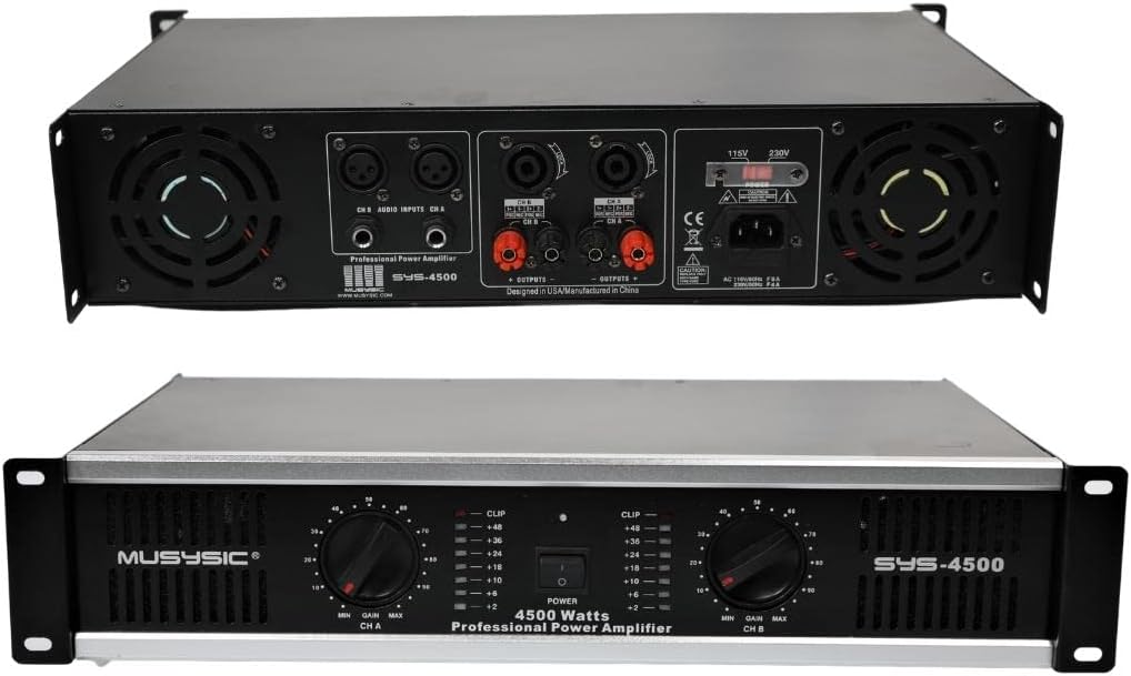 MUSYSIC 2 Channel Power Amplifier Distortion Free and Clear Sound - Professional 2U Chassis Rack Mount Amplifiers for DJs/Experts/Events w/ATR Technology/XLR and 1/4 Inch Inputs - 4500 Watts