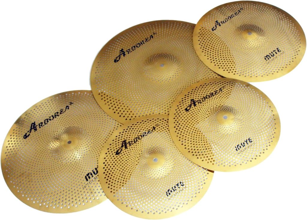 Mute Cymbal Set Low Volume Cymbal Pack 14Hihats+16Crash+18Crash+20Ride 5 Pieces Silver Drummer Practice Quiet Cymbal for Drum Set