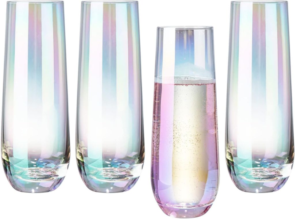 MyGift 9 oz Modern Champagne Flute Set of 4, Iridescent Sparkling Wine Stemless Glasses, Rainbow Transparent Prosecco Wine Glass, Cocktail Mimosa Glass Set, Holiday New Year Toasting Glass