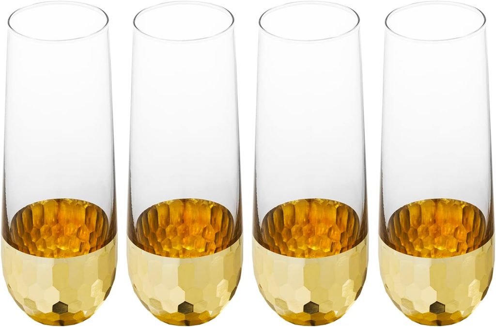 MyGift Modern Stemless Champagne Flute Glass Set of 4 Party Drinkware, Cocktails Prosecco Mimosa Glasses with Hammered Brass Plated Bottoms