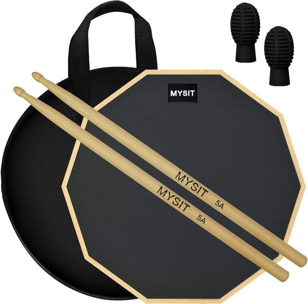 MySit 12-Inch Drum Practice Pad and Sticks Set With 2pcs Silicone Drumstick Mute Tips(Black), Double Sided Silent Snare Drum Pads With 5A Drum Sticks  Storage Bag for Real Feel Practice Drumming